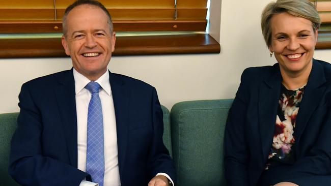 Bill Shorten and Tanya Plibersek at the Labor Party caucus meeting today. Picture: AAP.