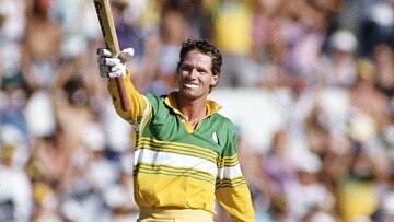 Dean Jones celebrates his ODI century against Pakistan at the WACA in 1987. Picture: Adrian Murrell/Allsport/Getty Images