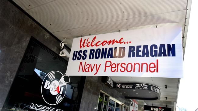 A welcome sign out for the USS Ronald Reagan Navy Personnel (sailors) at the Beat nightclub Fortitude Valley in Jan 2006. Picture: Peter Bull