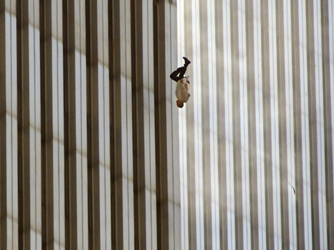 ‘The Falling Man’ taken by Associated Press photographer Richard Drew during the September 11 terrorist attacks on the World Trade Center in New York. The man in the picture has never been identified, however it is highly speculated it is Jonathon Briley who worked in the north tower. Picture: AAP Image/AP/Richard Drew
