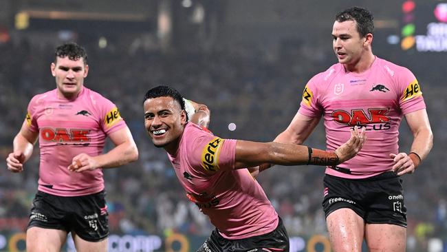 Stephen Crichton of the Panthers celebrates scoring a try. Photo by Bradley Kanaris/Getty Images