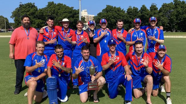 The Newcastle open men's representative cricket team after winning the 2023/24 NSW Country Championships final, their fifth in a row, at Newcastle's No.1 Sportsground on December 10, 2023. Photo: Alex Pichaloff