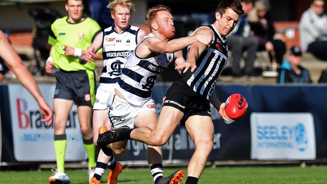 Jack Trengove gets one of his 42 disposals for the Port Magpies against South Adelaide on Saturday. Picture: TOM HUNTLEY.