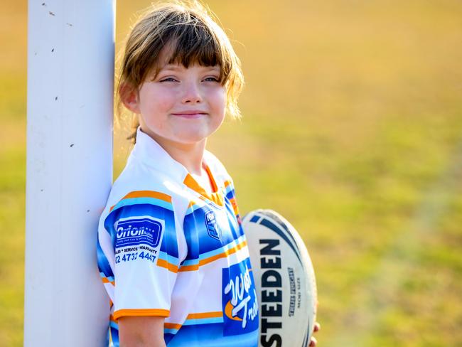 7 year old Makayla Plain poses for photographs at Peter Van Hasselt Park.  Shalvey, Saturday, May 26th 2018. The TryTime team is a team for players with disabilities - and is growing with memberships. (AAP Image / Angelo Velardo)