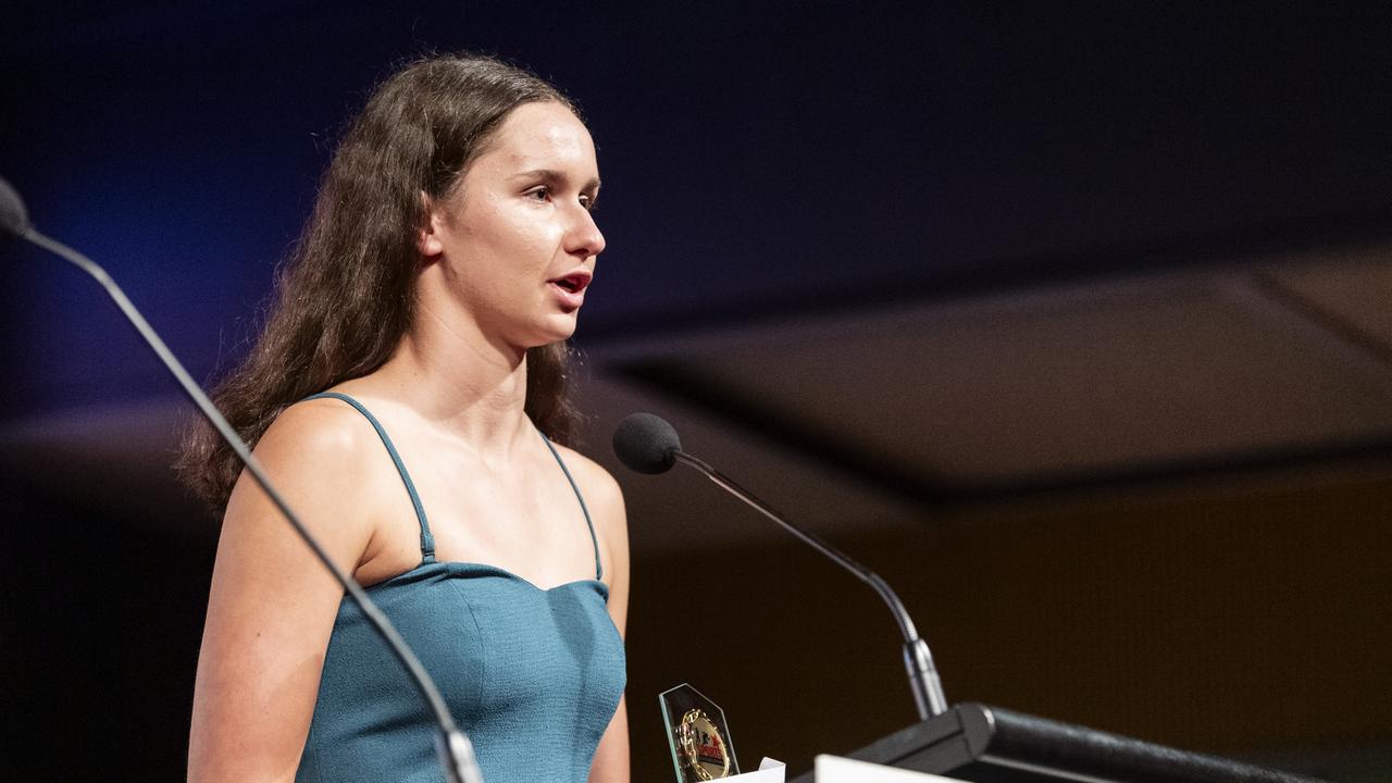 Sienna Deurloo accepts the Sports Darling Downs 2023 Senior Rising Star at the annual awards presentation dinner. Deurloo recently won gold in the women’s premier 10km race at the WA Open Water State Championships. Picture: Kevin Farmer