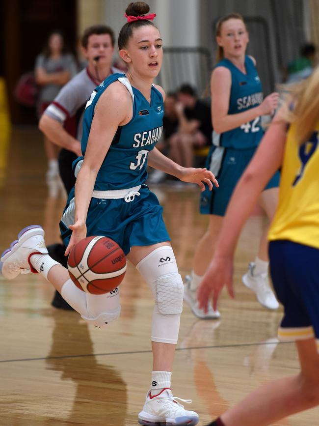 Lil Dart playing for the North Gold Coast Seahawks at the under-18 State Basketball Championships in January. Picture: Steve Holland