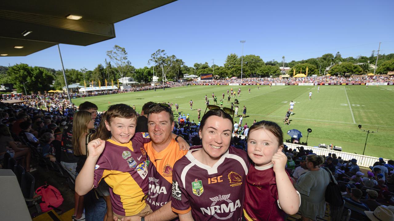 Tamara and Mick Markey of Dalby with their kids Chase and Lexi at the NRL Pre-Season Challenge game between Broncos and Titans at Toowoomba Sports Ground, Sunday, February 16, 2025. Picture: Kevin Farmer