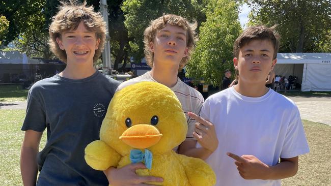 Harrison Harmer, Xavier West and Will Price were stoked to win a giant duck on a basketball game at Moomba.