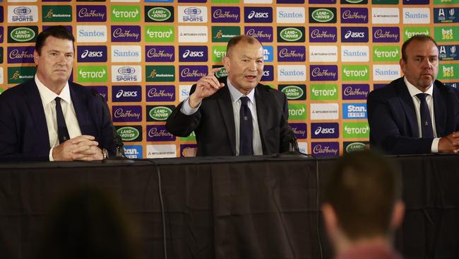 Eddie Jones with Hamish McLennan, and Andy Marinos at Jones’ announcement presser. Picture: Tim Hunter.