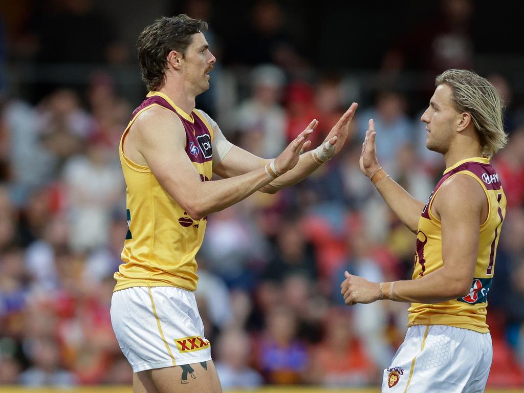 Joe Daniher and Kai Lohmann celebrate. Picture: Russell Freeman/AFL Photos via Getty Images