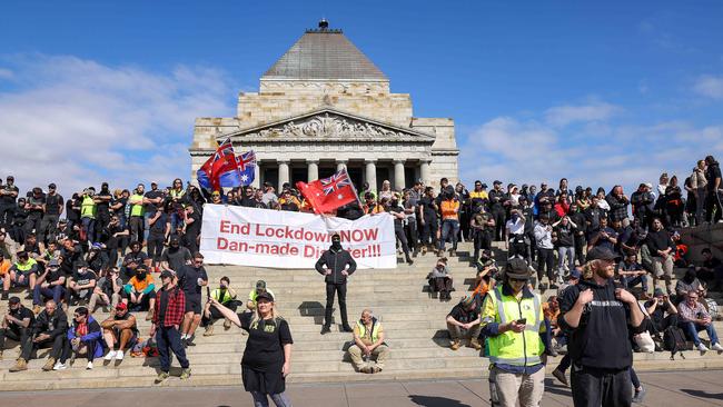 Protesters took over the Shrine of Remembrance to protest anti-vaccination and lockdowns in Melbourne last Wednesday. Picture: NCA NewsWire / Ian Currie