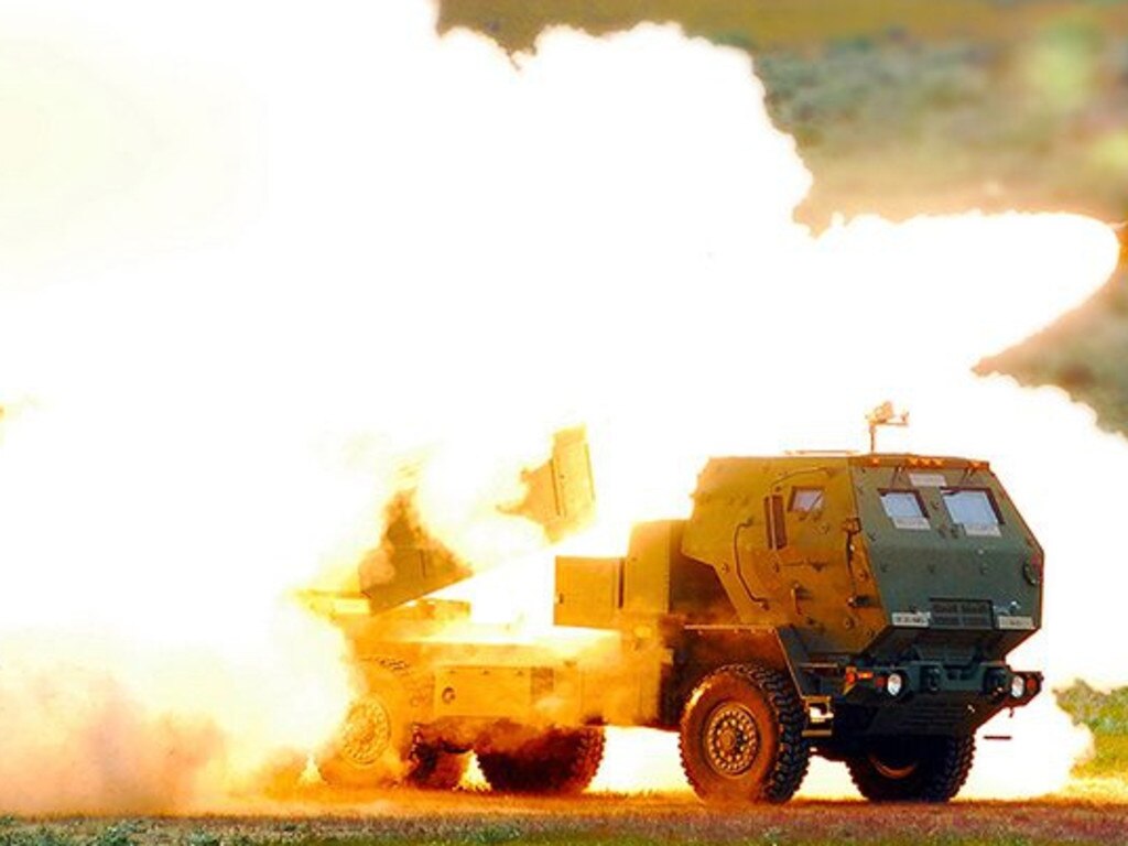 The Lockheed Martin-built High Mobility Artillery Rocket System (HIMARS) in action.