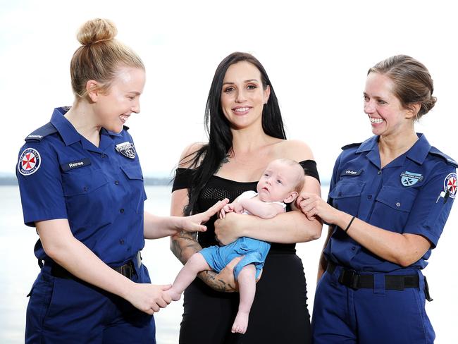 Danielle Hurley is reunited with paramedics Renee Oldfield (left) and Vivian Merz, who delivered Matty at home and saved his life. Picture: Tim Hunter