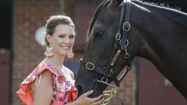 Blue Diamond Stakes. Female jockey Stephanie Thornton and 'Seabrook' ahead of the Blue Diamond Stakes on February 24. Photographed at Rick Price Racing Stable Block, Caulfield. Picture: Valeriu Campan