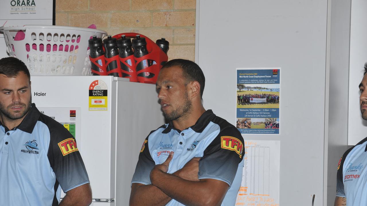 Cronulla Sharks players Shaun Johnson, Wade Graham and Will Chambers visit Orara High School. Sharks major sponsor Aramex made a $5000 donation to the Clontarf Foundation which operates at the school.