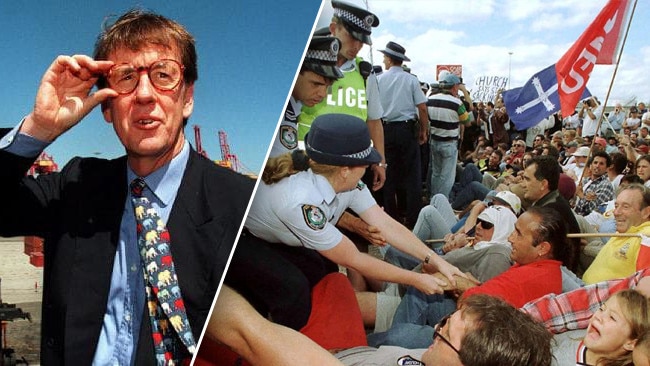 Dock workers protest in 1998, right, and Patrick Stevedores chief Chris Corrigan.