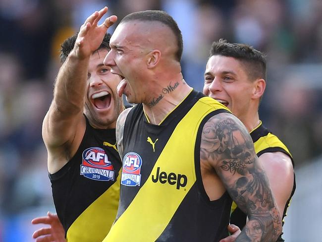 *APAC Sports Pictures of the Week - 2019, September 30* MELBOURNE, AUSTRALIA - SEPTEMBER 28: Dustin Martin of the Tigers celebrates kicking a goal during the 2019 AFL Grand Final match between the Richmond Tigers and the Greater Western Sydney Giants at Melbourne Cricket Ground on September 28, 2019 in Melbourne, Australia. (Photo by Quinn Rooney/Getty Images)