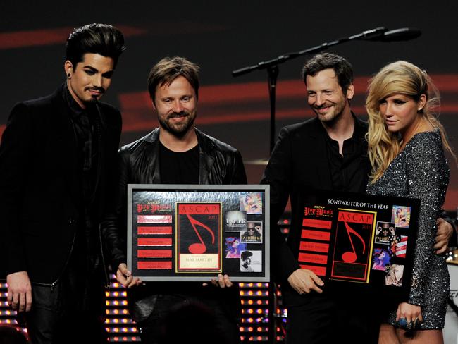 (L-R) Singer Adam Lambert, Songwriters of the Year Max Martin and Lukasz "Dr. Luke Gottwald and singer Ke$ha pose onstage at the 28th Annual ASCAP Pop Music Awards in 2011. Picture: Kevin Winter/Getty Images.