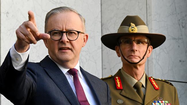 Anthony Albanese and Chief of the Australian Defence Force Angus Campbell speak to the media duing a press conference after the release of the Defence Strategic Review.