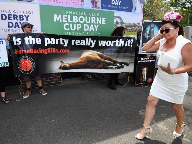 A racegoer walks past animal welfare activists as they protest outside the Eagle Farm racecourse. Picture: AAP/Dan Peled