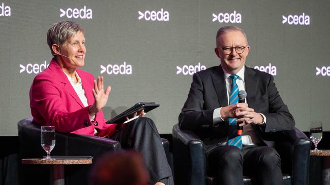 Melinda Cilento interviews Prime Minister Anthony Albanese. Picture: Irene Dowdy