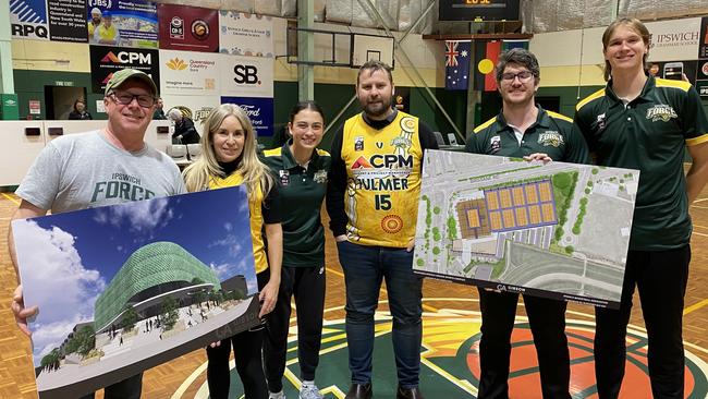 Ipswich Councillor Andrew Antoniolli, Toni Caldwell, Ipswich Force NBL1 North women's player Kate Head, Councillor Jacob Madsen, Ipswich Basketball Operations Manager Alex Scanlan and Ipswich Force NBL men's player Merrick Small. Picture: Supplied.