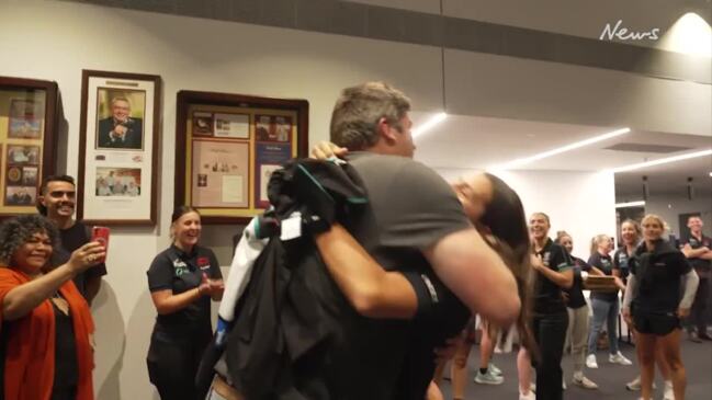 Georgie Jacques being surprised by her dad on the night she was drafted to Port Adelaide