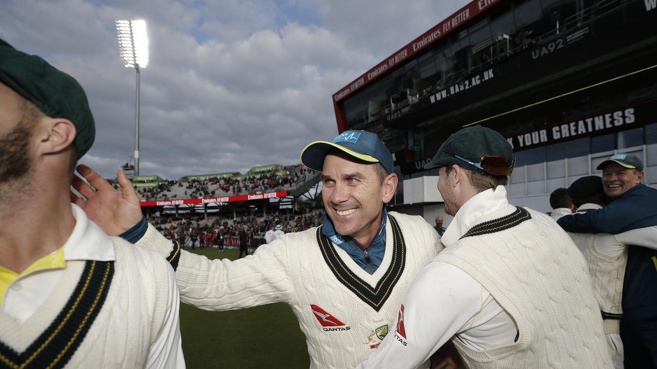 Justin Langer, coach of Australia, celebrates after Australia claimed victory to retain the Ashes. Picture: Getty Images