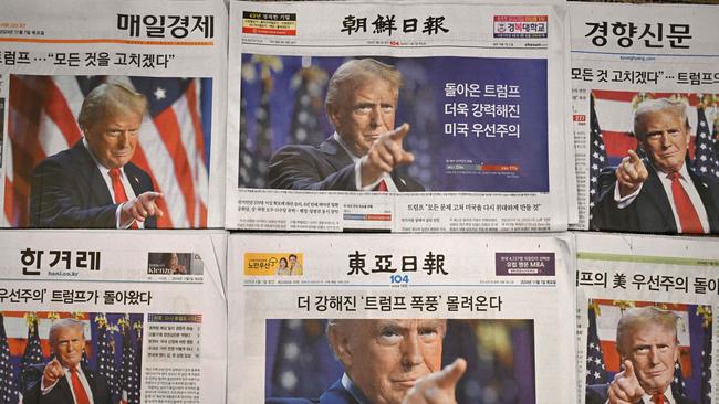 The front pages of South Korea's newspapers carrying reactions to the re-election of US president-elect Donald Trump. Picture: AFP
