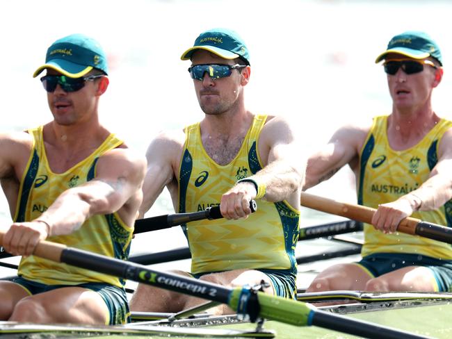 PARIS, FRANCE - AUGUST 01: Alex Purnell (C) and members of Team Australia compete in the Men's Eight Repechage on day six of the Olympic Games Paris 2024 at Vaires-Sur-Marne Nautical Stadium on August 01, 2024 in Paris, France. (Photo by Francois Nel/Getty Images)