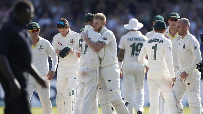 Stokes embraces Nathan Lyon after play. Picture: Getty Images