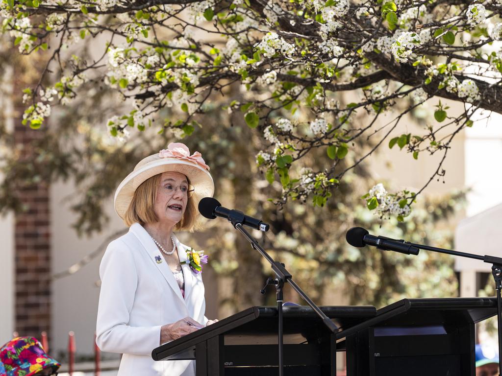 Queensland Governor Jeannette Young speaking at the opening of the Grand Central Floral Parade of the Carnival of Flowers, Saturday, September 21, 2024. Picture: Kevin Farmer