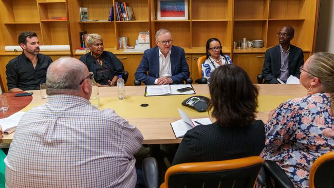 NT Deputy Chief Minister Chansey Paech (back left), Lingiari MP Marion Scrymgour, Prime Minister Anthony Albanese, and Minister for Indigenous Australians Linda Burney meet with stakeholders in Alice Springs on April 29, 2024. Picture: Supplied.