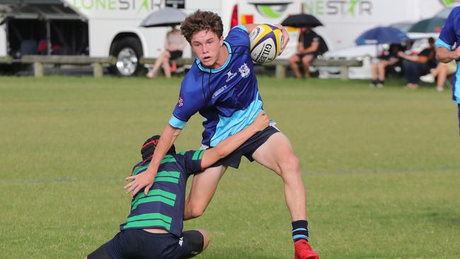 First round of the Gold Coast Rugby Super Schools Cup at Bond Pirates field at Miami. Marymount fullback Hadley Smith takes on Somerset. Picture Glenn Hampson