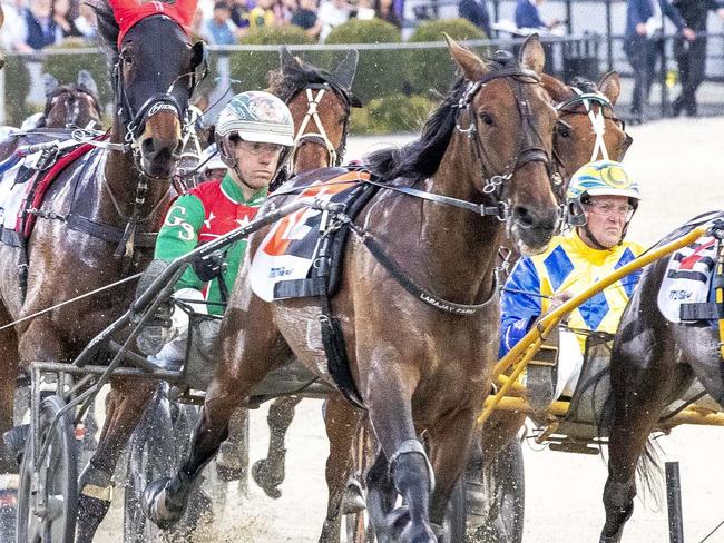 Just Believe winning Inter Dominion Trotting Championship Grand Final at Melton, driver Greg Sugars, December 10, 2022. Picture: Stuart McCormick