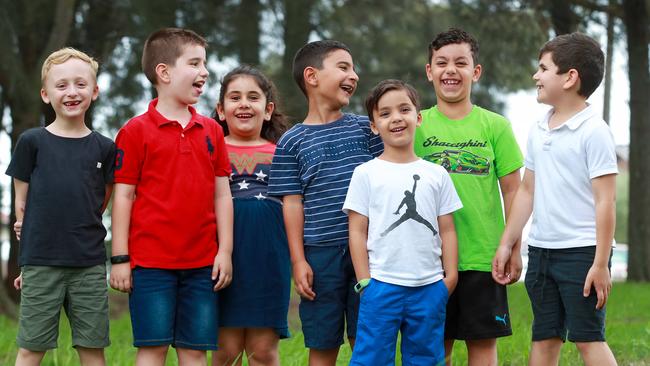 Gen Alpha kids Joseph Rooney, 7, Christian Bottene, 7, Theresa Bassil, 5, Matthew Nader, 7, Adrian Mercia, 5, Sebastian Mercia, 7, and Simon-Raphael Bassil, 6, in Earlwood today. Picture: Justin Lloyd