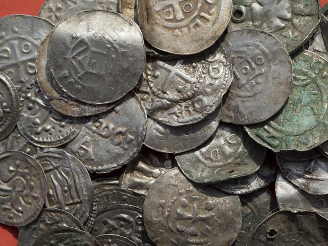 A haul of medieval Saxonian, Ottoman, Danish and Byzantine coins were found near Schaprode on the German island of Ruegen in the Baltic Sea. Picture: Stefan Sauer