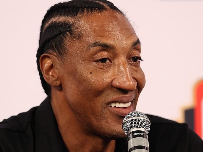 MELBOURNE, AUSTRALIA - FEBRUARY 20: Scottie Pippen speaks to media during the 2024 NBL Finals Launch at John Cain Arena on February 20, 2024 in Melbourne, Australia. (Photo by Kelly Defina/Getty Images for NBL)