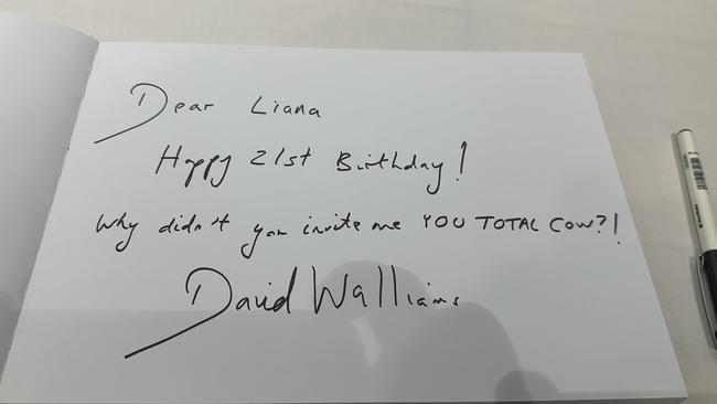 The note left by David Walliams in a birthday guest book. Pic: Supplied.