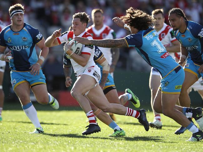 Kurt Mann starred for the Dragons in the halves against the Gold Coast Titans at UOW Jubilee Oval. Picture: Getty Images