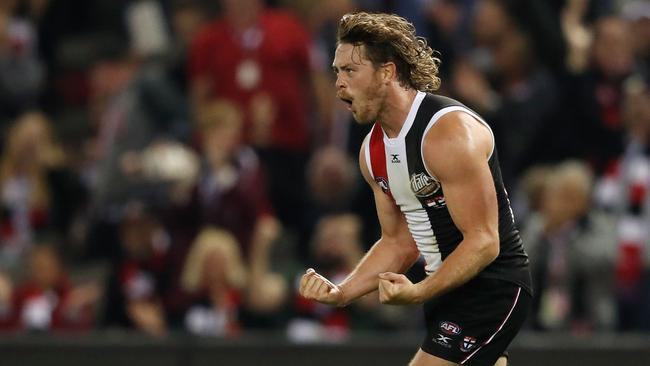 Jack Steven celebrates a goal in the win over GWS.