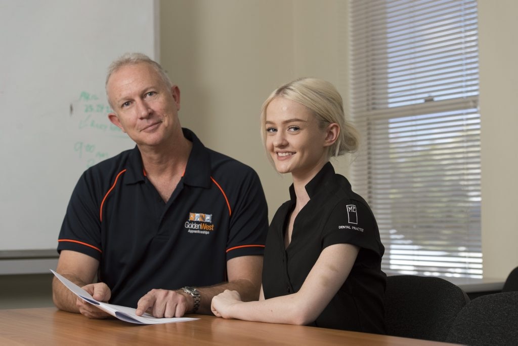 Golden West Apprenticeships training project manager Darren Smith is proud to have secured Sammie Dwyer a traineeship as a dental assistant with ME Dental. Picture: Kevin Farmer