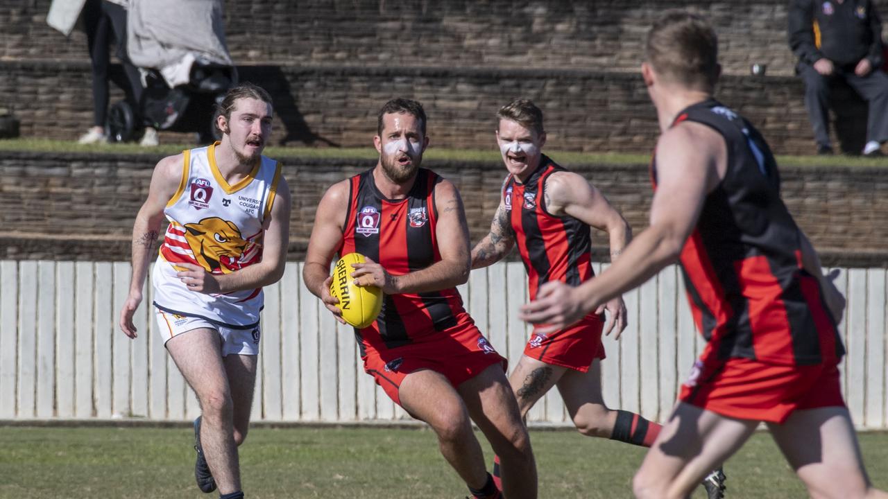 Gabe Robbie for Bombers. South Toowoomba Bombers vs University Cougars. 2022 AFLDD Allied Cup – senior men. Saturday, June 11, 2022. Picture: Nev Madsen.