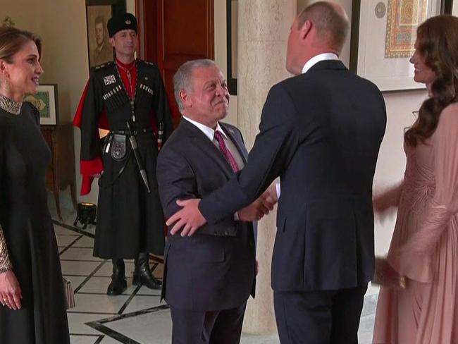 King Abdullah II and Queen Rania welcoming Prince William and Princess Catherine at the Zahran Palace in Amman. Picture: Jordanian Royal Palace / AFP