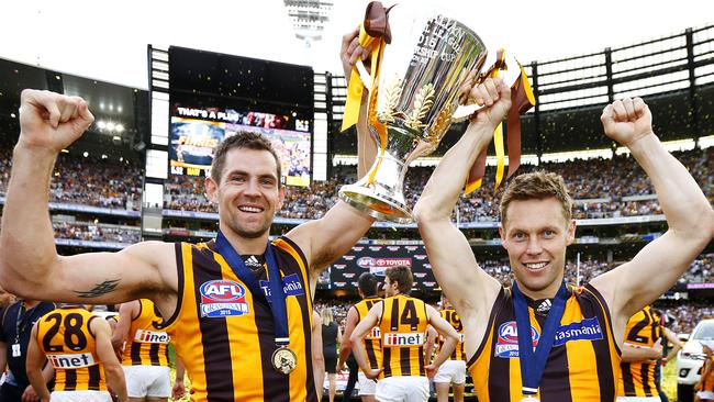 The 2015 AFL Grand Final at the MCG between the West Coast and Hawthorn AFLGF2015. Luke Hodge of Hawthorn and Sam Mitchell of Hawthorn celebrate. Picture: Michael Klein