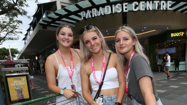 First afternoon of Schoolies in Surfers Paradise for 2021. From L-R Tiarna Lyons, McKenzie Richardson and Meg Toohey of Harvey Bay. Pic Mike Batterham