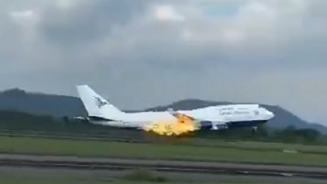 Flames were seen shooting out of the jet’s engine. Picture: Jam Press
