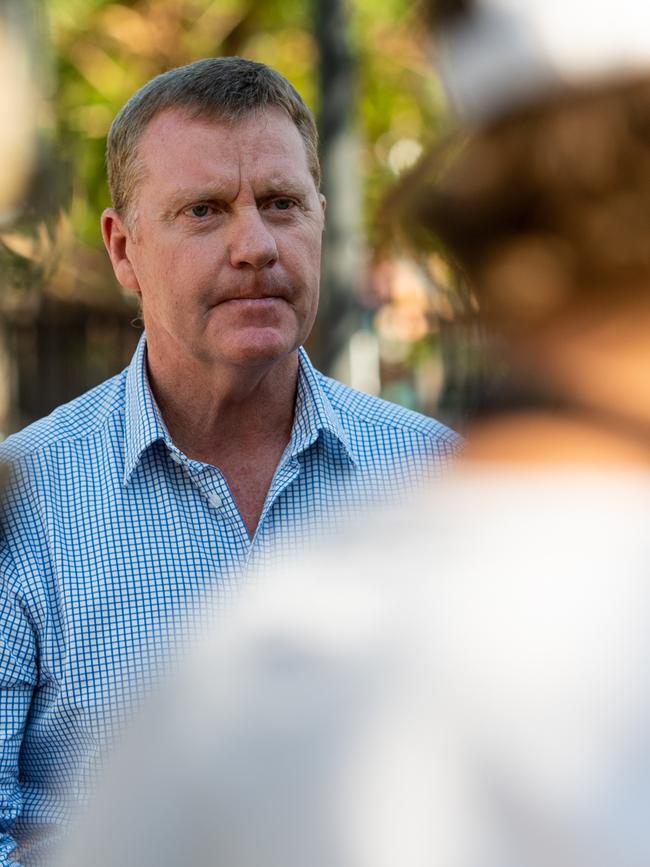 The Minister for Small Business Hon Paul Kirby addresses the media regarding the probable lifting of restrictions allowing markets to once again go ahead across the Top End. Picture: Che Chorley