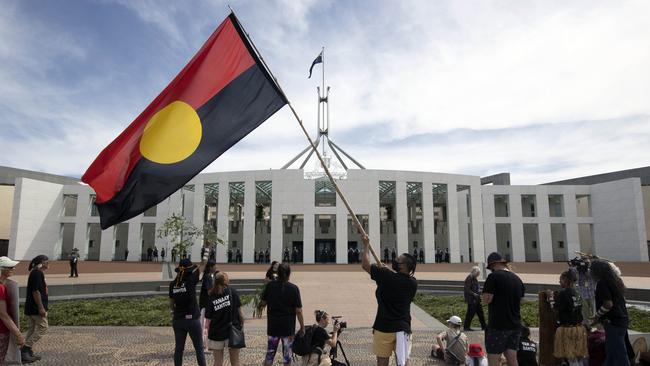 Indigenous protesters outside Parliament House. Picture: NCA NewsWire / Gary Ramage