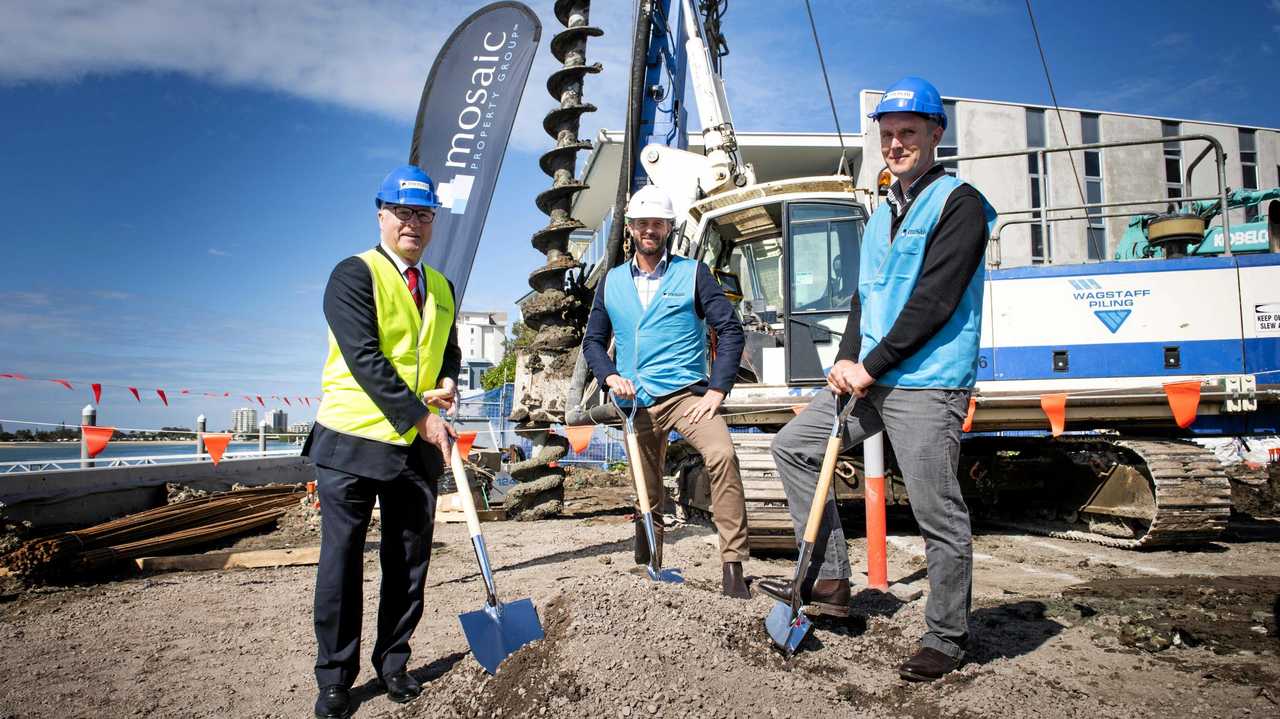 Brook Monahan, Mayor Mark Jamieson and Dave Handley at the start of construction of Avalon by Mosaic on Duporth Ave, Maroochydore.